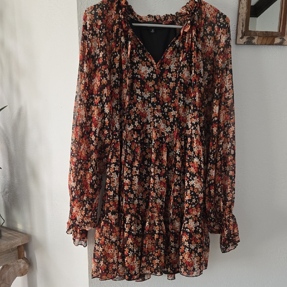 Aakaa Orange Brown Bishop Sleeve V-Neck Sundress